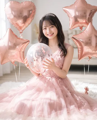 Rino among rose-gold heart balloons holding a clear bubble balloon