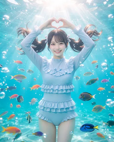 Rino underwater in a frilled costume as tropical fish swim past