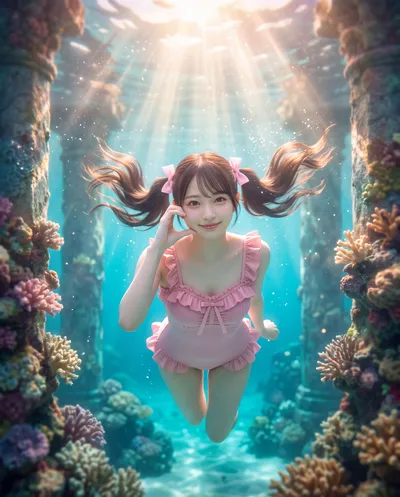 Rino swimming through a coral reef in a pink frilled costume