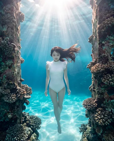 Rino descending through a canyon of coral underwater
