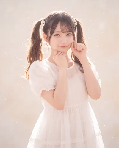 Rino in a white puff-sleeved dress with ribboned twin tails, fists raised near her cheeks in hazy golden light