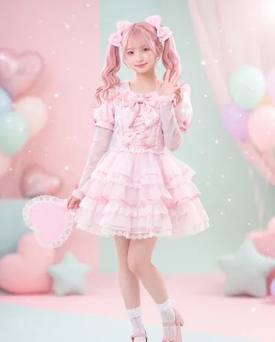 Rino in a pink frilled dress with bows and pigtails, waving, holding a heart fan among pastel balloons