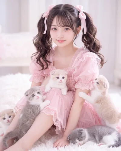 Rino in a pink lace dress with ribboned twintails, sitting on a white fur rug surrounded by kittens
