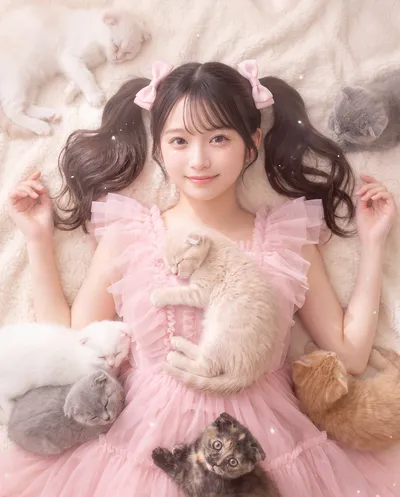Rino lying on a cream fleece blanket in a pink tulle dress with ribboned twintails, surrounded by sleeping kittens