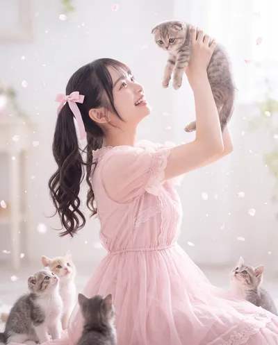 Rino in a pink lace dress with ribboned pigtails, lifting a kitten overhead as petals drift and more kittens watch
