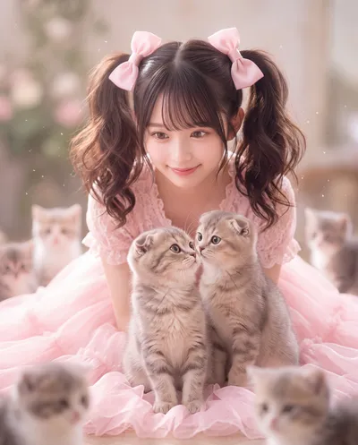 Rino in a pink lace tulle dress with bows in her twin tails, leaning over two fold-eared kittens surrounded by more kittens in hazy light