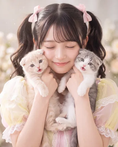 Rino in a pastel lace dress with pink bows in her twin tails, eyes closed, holding two kittens to her cheeks