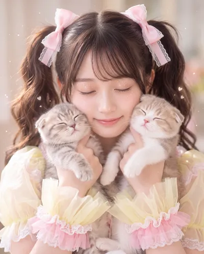 Rino in pastel yellow and pink frills with lace hair bows, eyes closed, holding two sleepy kittens to her cheeks