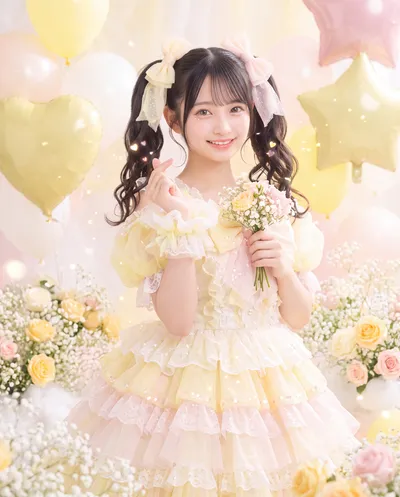 Rino in a frilled pastel yellow dress with ribboned twin tails, making a finger heart and holding a small bouquet among balloons