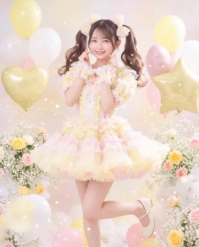 Rino in a frilled pastel yellow and pink idol dress with hair bows, standing on one foot among balloons and roses