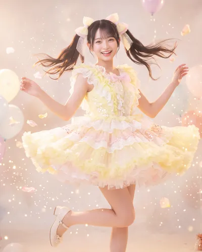 Rino in a frilled pale yellow idol dress with hair bows, mid-spin on one foot among balloons and petals