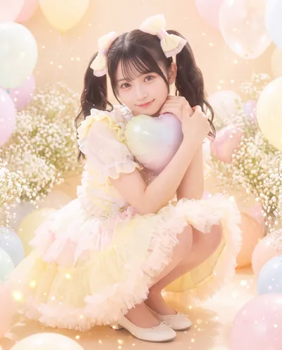 Rino crouching in a frilled pastel dress with yellow hair bows, hugging a heart balloon among balloons and baby's breath