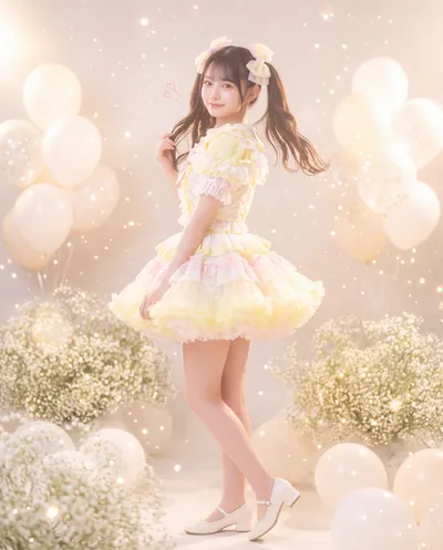 Rino in a frilled pastel yellow dress with twin tails and hair bows, among pale balloons and baby's breath