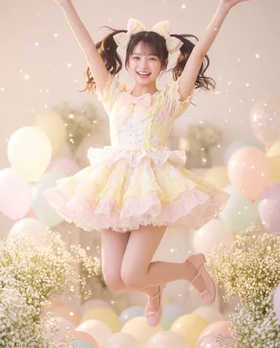 Rino in a frilled pastel yellow and pink dress with hair bows, jumping with arms up among balloons and baby's breath