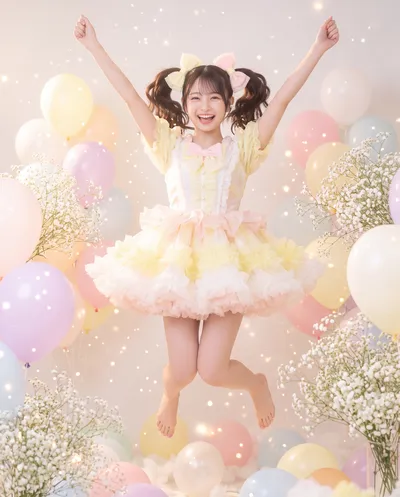 Rino in a pastel yellow and pink ruffled dress with bow hair ties, jumping barefoot among balloons and baby's breath