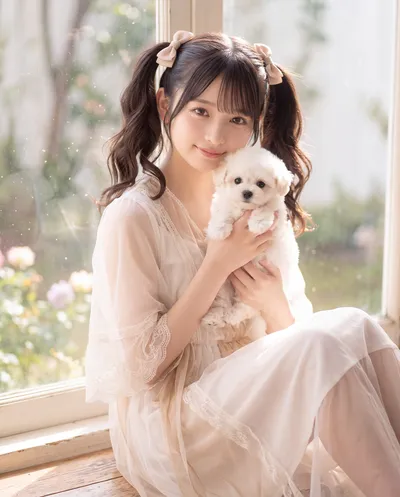 Rino in a sheer cream lace dress with ribboned twin tails, holding a white puppy on a sunlit window ledge