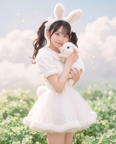 Rino in a white fur-trimmed dress and rabbit ears, holding a white rabbit in a hazy clover field