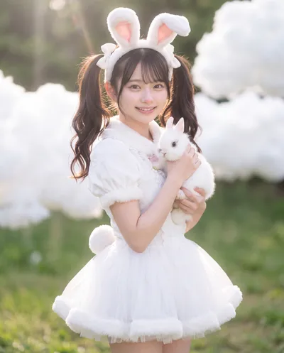 Rino in a white fur-trimmed bunny dress and ear headband, holding a white rabbit among cloud-like shrubs