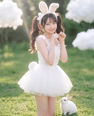 Rino in a white tulle dress and bunny ears, paws-up pose on grass beside a white rabbit