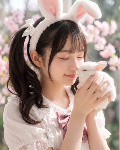 Rino in bunny ears and a white lace blouse with a pink plaid bow, holding a white rabbit nose to nose among blossoms