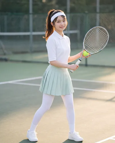 Rino in a white polo, mint pleated skirt and visor holding a racket and ball on a sunlit tennis court
