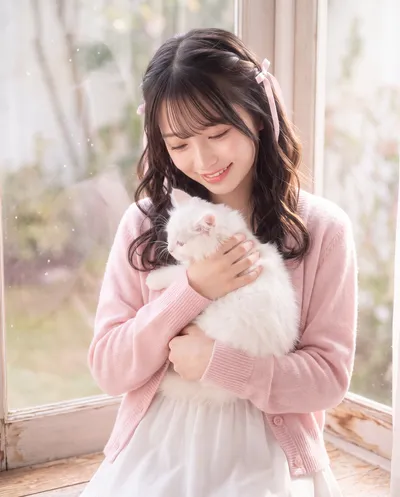 Rino in a pink cardigan and white skirt by a window, holding a fluffy white cat and smiling down at it