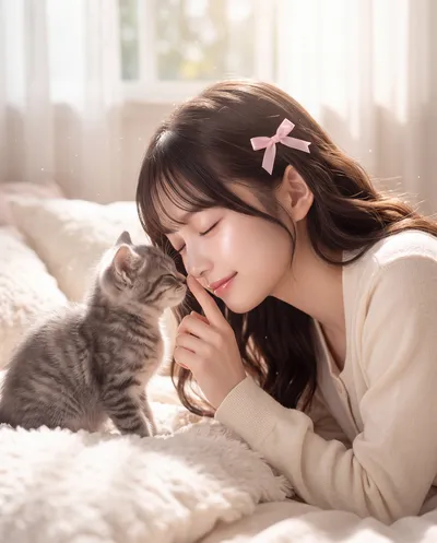 Rino in a cream cardigan and pink hair bow lying on a fluffy bed, nose to nose with a tabby kitten in window light