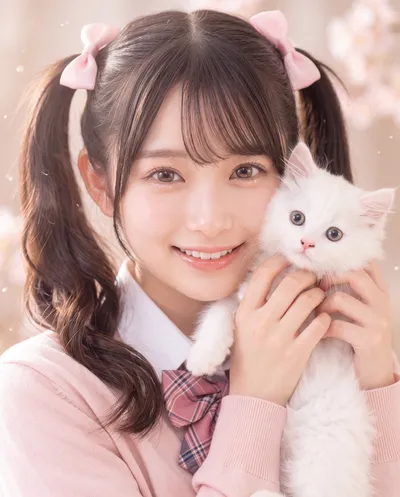 Rino in a pink cardigan and plaid bow, twintails tied with pink ribbons, holding a white kitten to her cheek