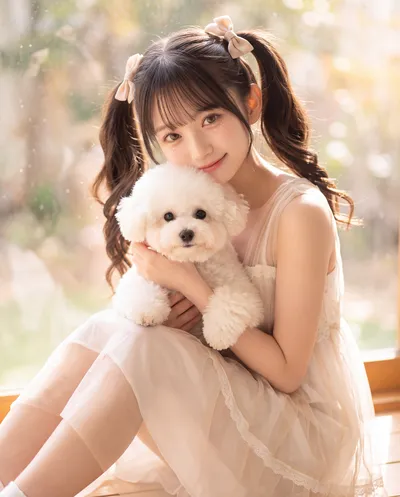 Rino in a cream tulle dress with ribboned twin tails, sitting by a bright window holding a small white dog