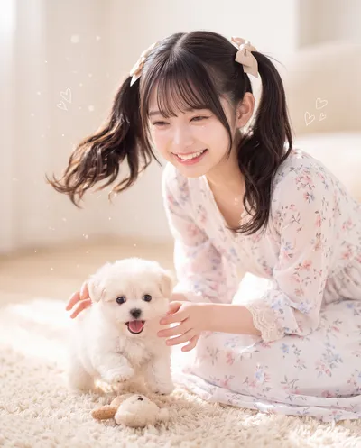 Rino in a floral dress with ribboned twin tails, kneeling on a cream rug to pet a small white puppy