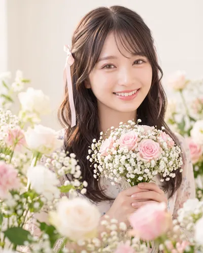 Rino holding a bouquet of pale roses and baby's breath