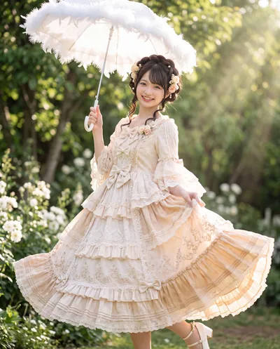 Rino twirling a lace parasol in a white garden