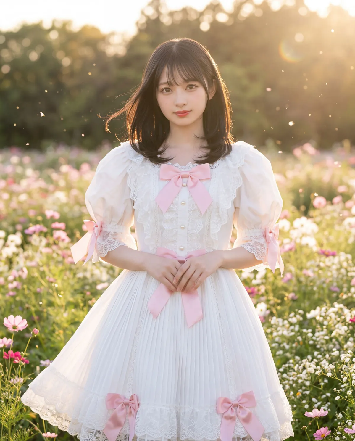Rino in a white dress in a garden of pink blossoms at golden hour