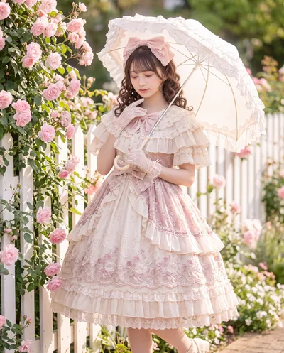 Rino with a lace parasol beside a white fence of climbing roses