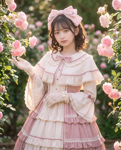 Rino in tiered pink ruffles beneath an arch of roses