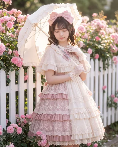 Rino with a lace parasol beside a fence of pink roses