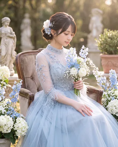 Rino in a blue gown on a garden bench with white blossoms