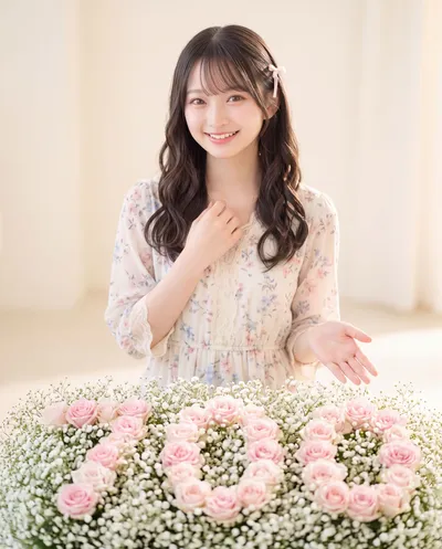 The number 700 spelled in white roses with Rino behind them