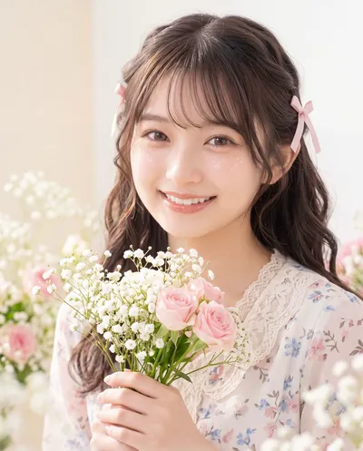 Rino holding a bouquet of gypsophila and pink roses