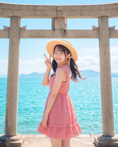 Rino in a red gingham dress and straw hat before a torii gate in the sea