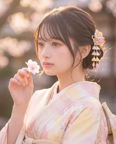 Rino in a pale kimono lifting a blossom to her lips
