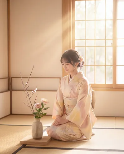 Rino arranging flowers in a vase on tatami
