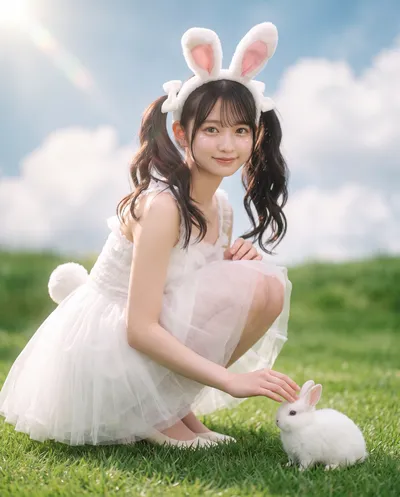 Rino crouching on sunlit grass in a white tulle dress and rabbit ears, reaching to pet a white rabbit