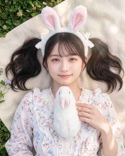Rino lying on a cream blanket in a floral dress and bunny ear headband, a white rabbit on her chest