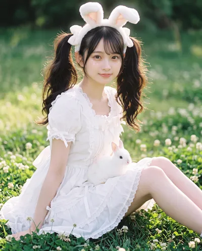 Rino in a white lace dress and bunny ear headband, sitting in clover with a white rabbit on her lap