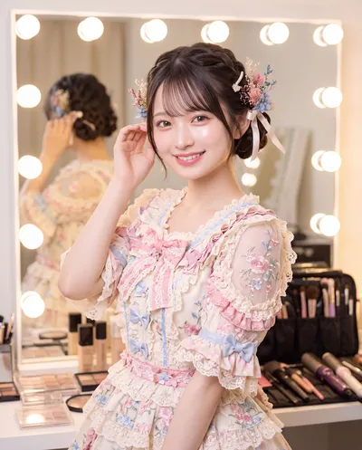 Rino adjusting her hair at a bulb-lit dressing room mirror