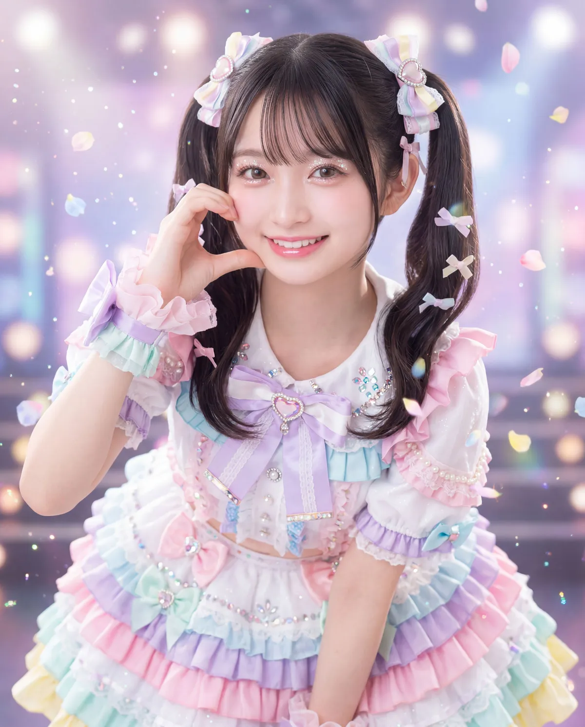 Rino in a pastel layered costume framing her face with her hands