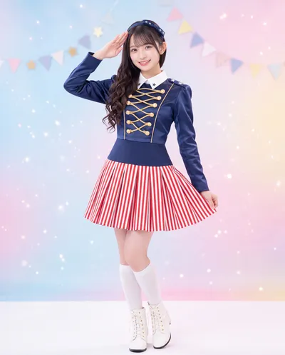 Rino saluting in a navy marching band jacket with gold cords and red striped skirt, bunting behind her