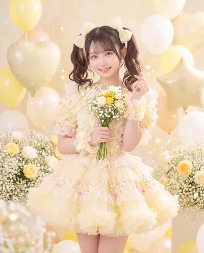 Rino in a frilled pale yellow idol dress with matching hair bows, holding a bouquet of yellow roses among balloons