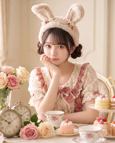 Rino in bunny ears at a tea table of cakes and roses